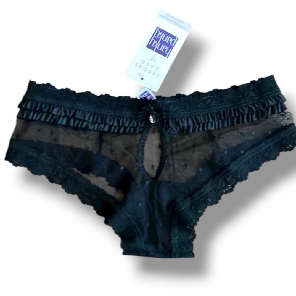Hanky Panky Lindsi Lane black fishnet frill seeker panties with crystal NWT XS